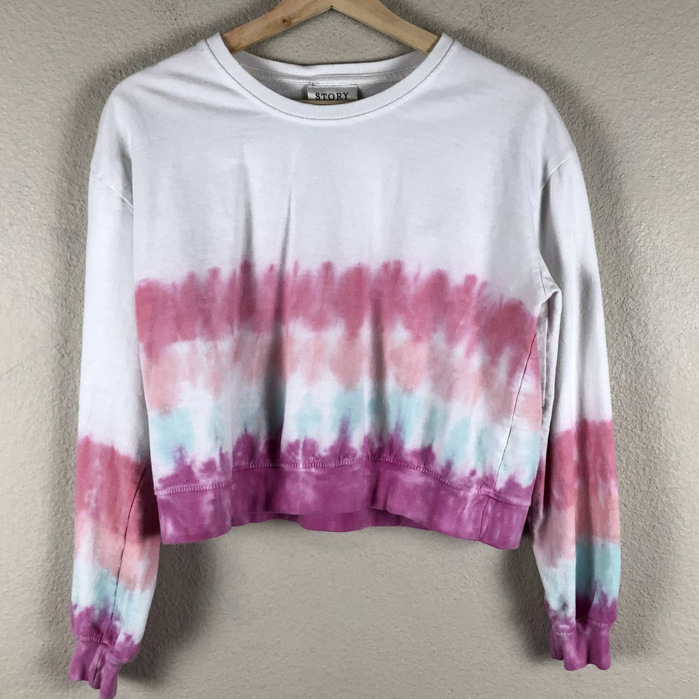 Story Sweatshirt Sweater Womens Medium White Pink Tie Dye Crop Kawaii Girlie